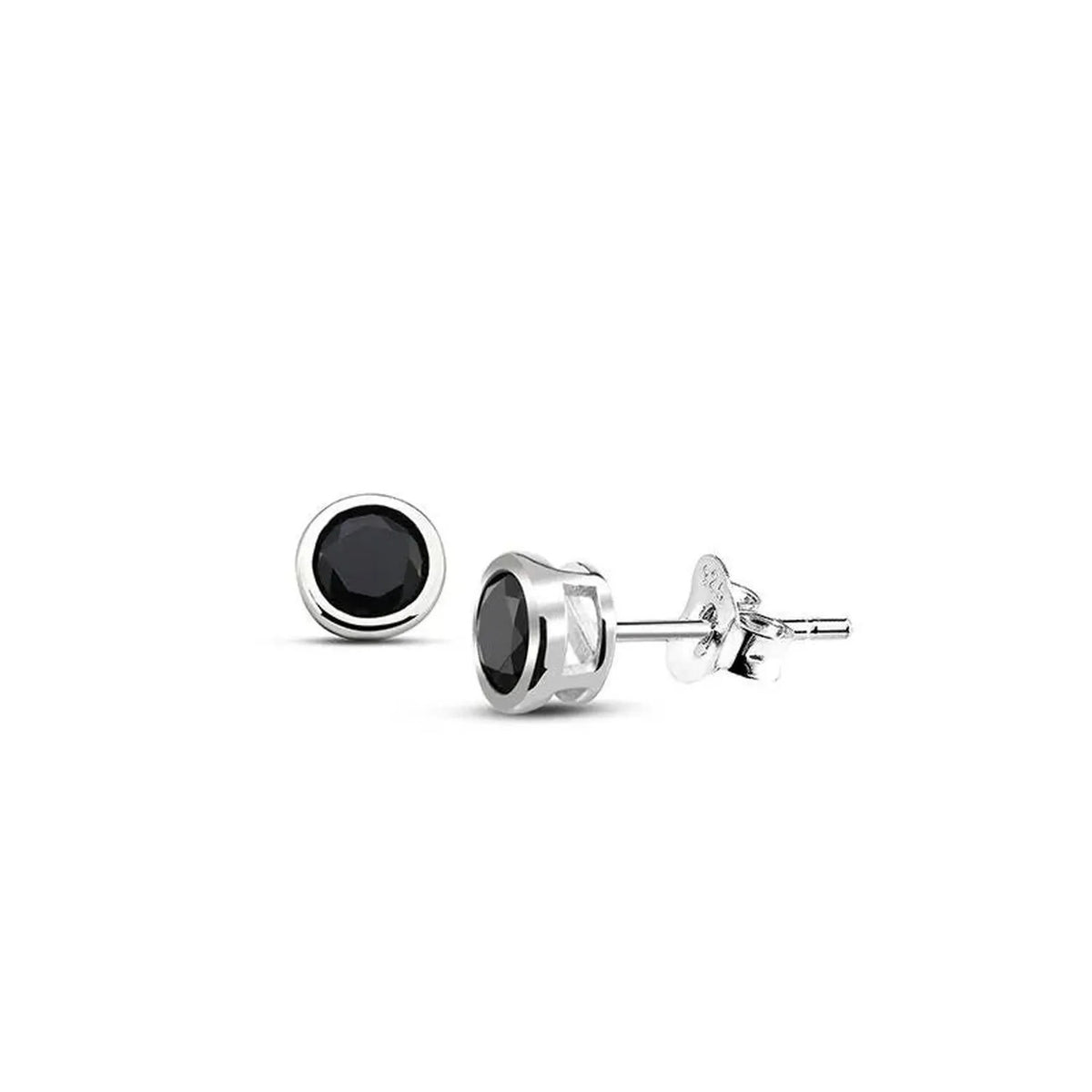 Pair of 925 sterling silver black CZ stud earrings viewed from the front
