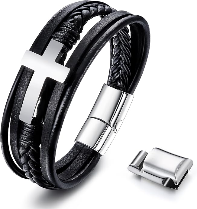Mens Leather Braided Cross Bracelet With Magnetic Clasp