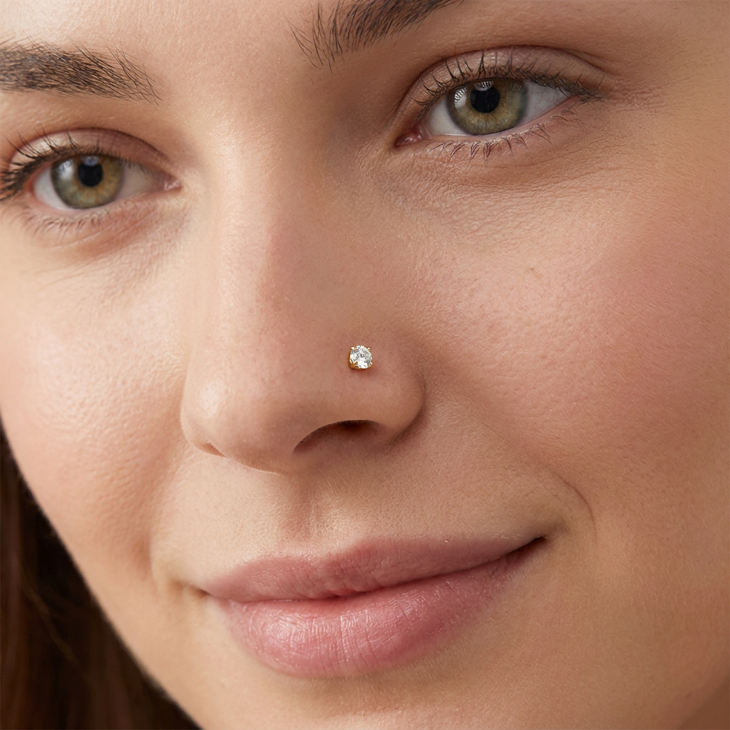 A close-up of a woman's face wearing a single small CZ stud nose ring on her left nostril.