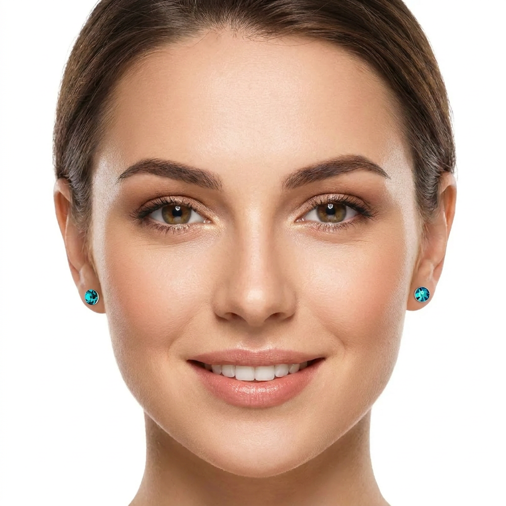 A close-up portrait of a woman wearing small round stud earrings with bright blue-green stones on a plain white background.