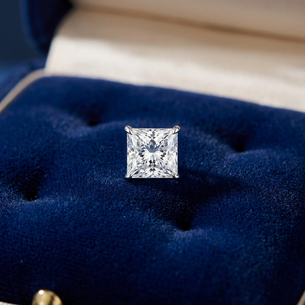 Man wearing Melchior Jewellery sterling silver square cubic zirconia single stud earring lifestyle close up
