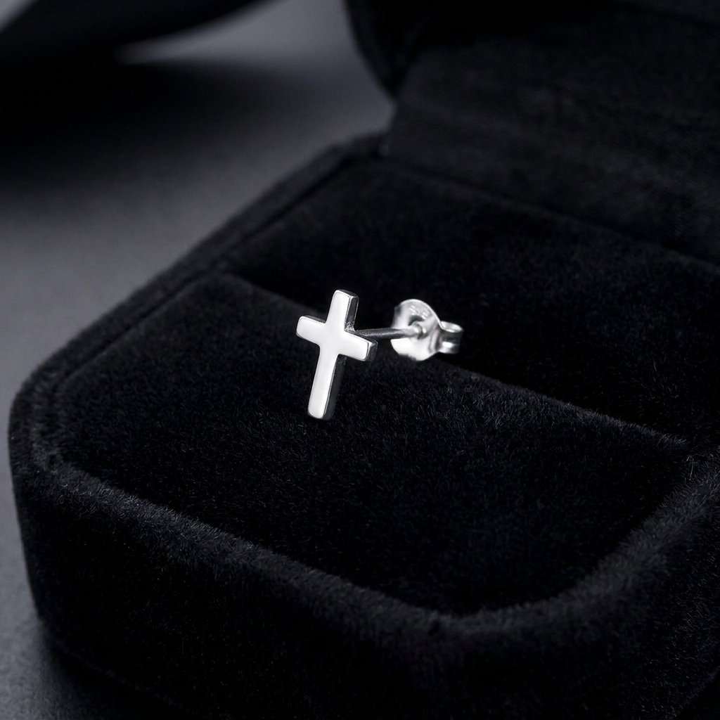 Sterling Silver Mens Single Small Cross Stud Earring