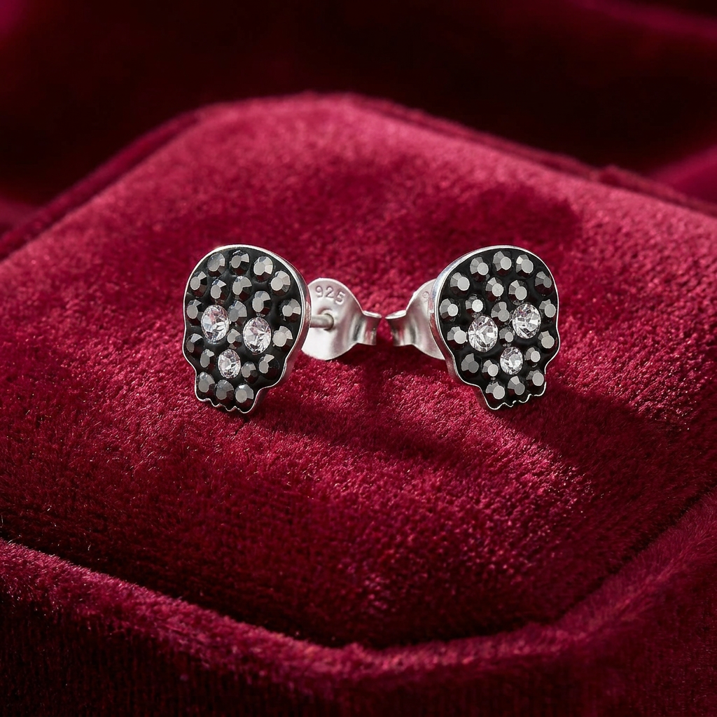Pair of 925 sterling silver crystal skull stud earrings with black and clear CZ stones on red velvet by Melchior Jewellery