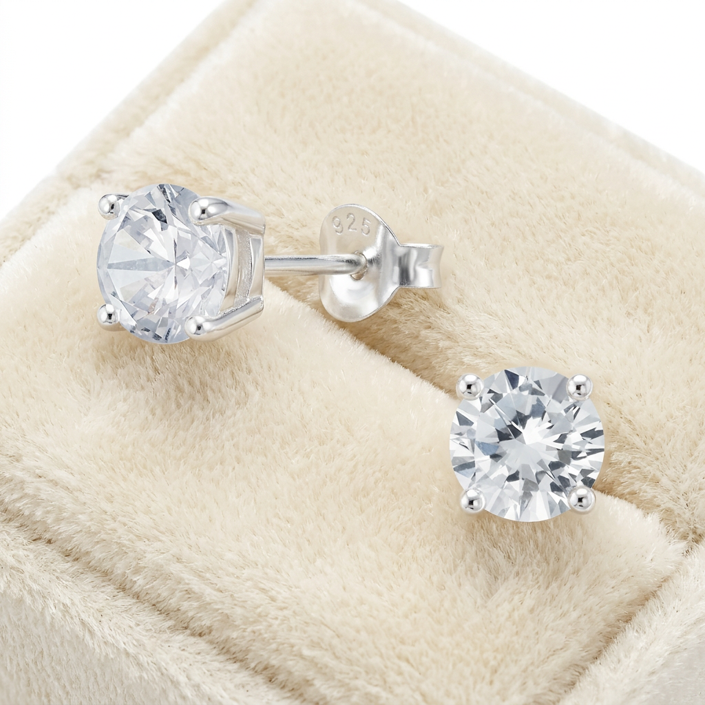 Silver stud earrings featuring round clear cubic zirconia stones in a plush display box.