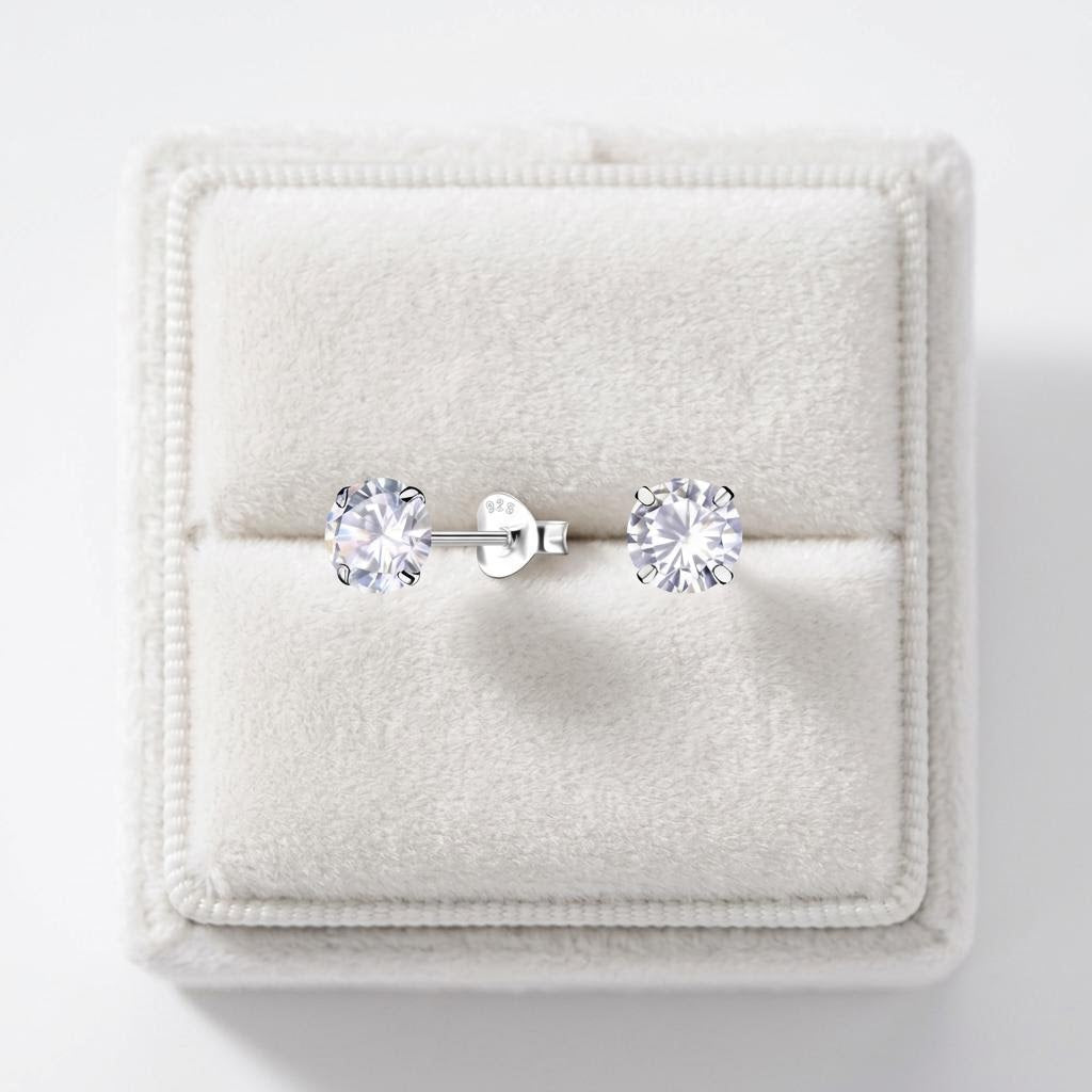Sterling silver 6mm round moissanite stud earrings on jewellery cushion