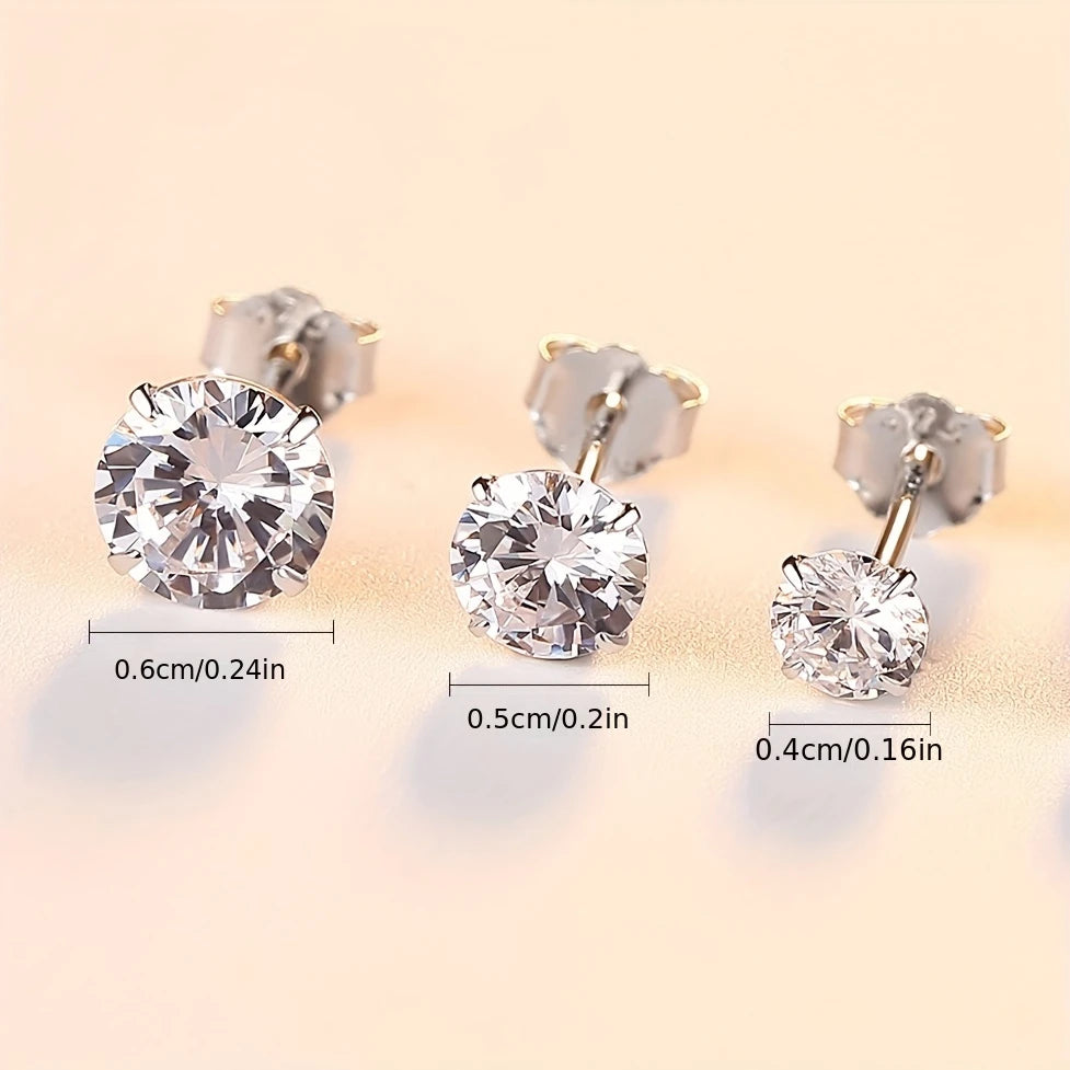 Sterling Silver Cubic Zirconia Round Stud Earring Set 4 5 & 6mm