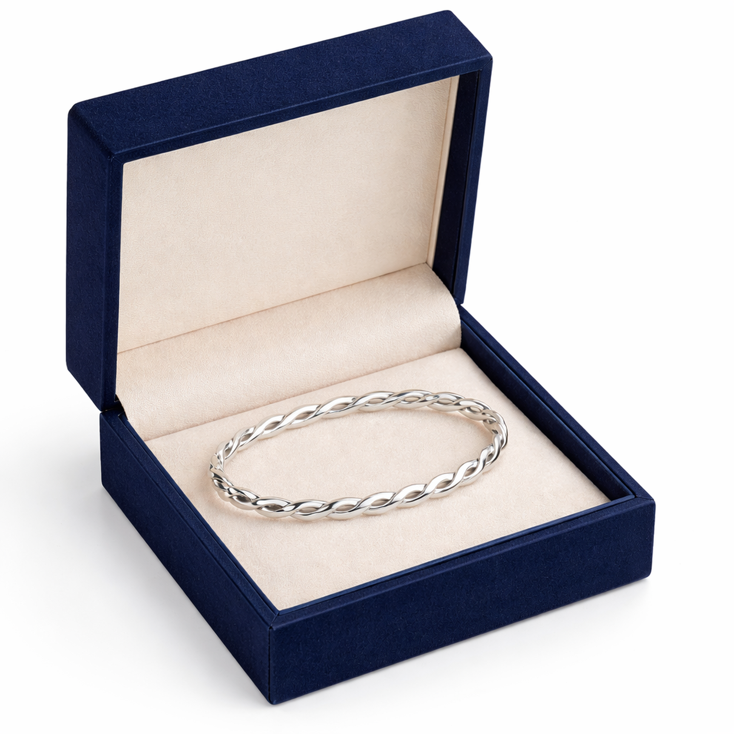 Sterling silver oxidised bangle with twisted design in navy blue jewellery box by Melchior Jewellery