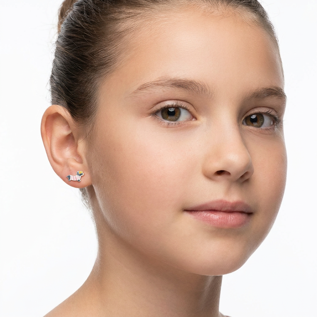 A close-up portrait of a young girl with her hair pulled back, wearing a small silver earring with a colorful butterfly design on a plain white background.