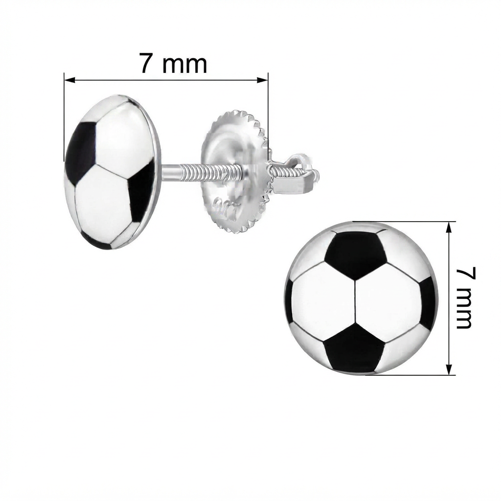 Soccer stud earrings shown on a white background with dimension labels indicating a 7 mm diameter. One earring is shown from the front with a black-and-white soccer pattern, and the other shows the silver screw-back post and backing.