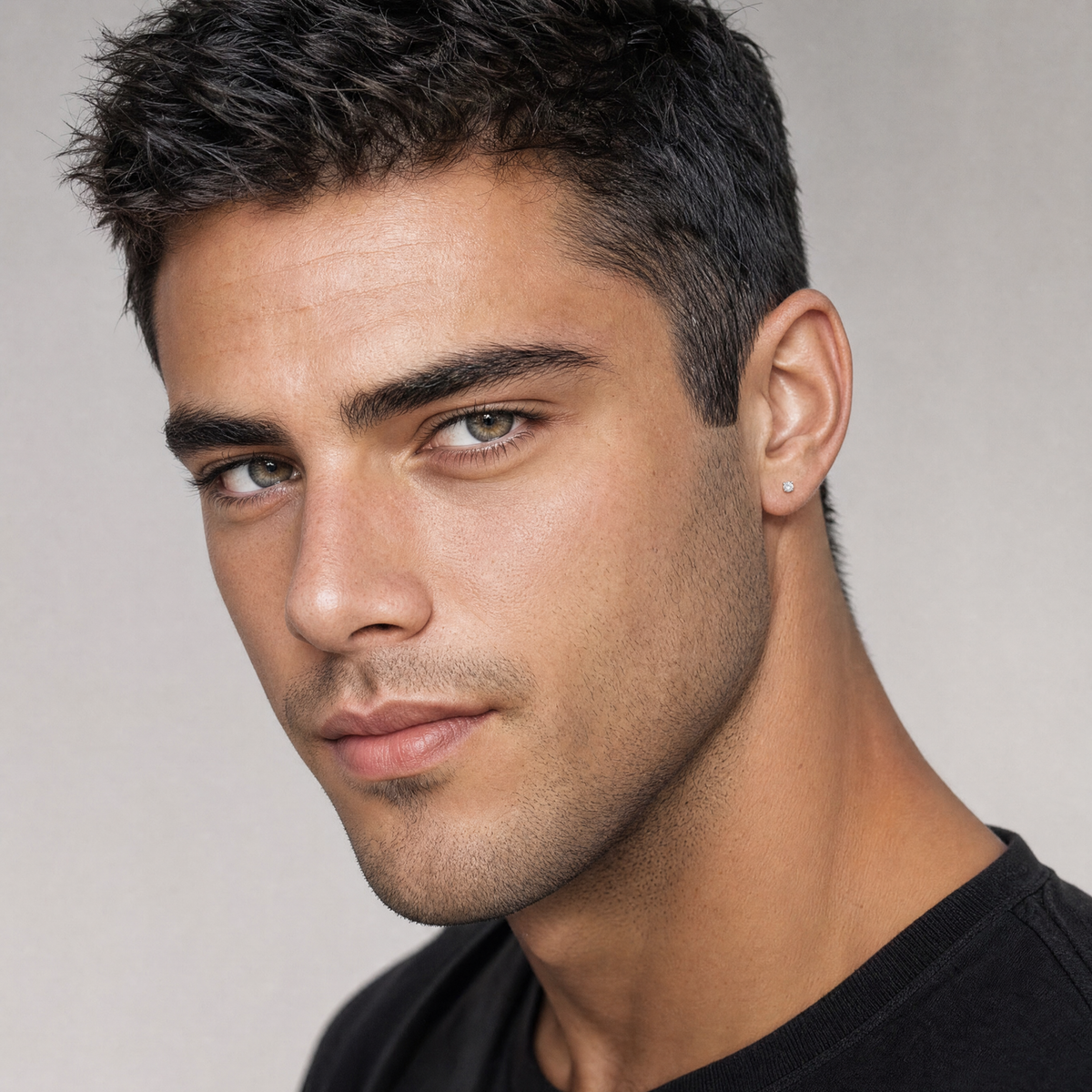 A close-up portrait of a man with short dark hair wearing a single small silver stud earring.