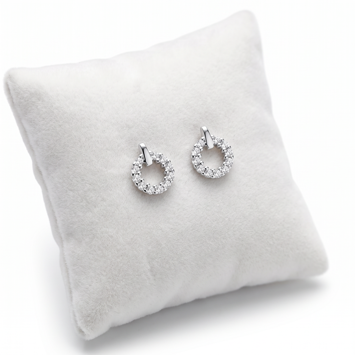 Sterling Silver Round White CZ Stud Earrings On Cushion