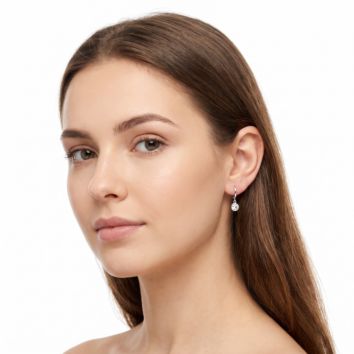 925 Sterling Silver White CZ Lock Hoop Earrings on model