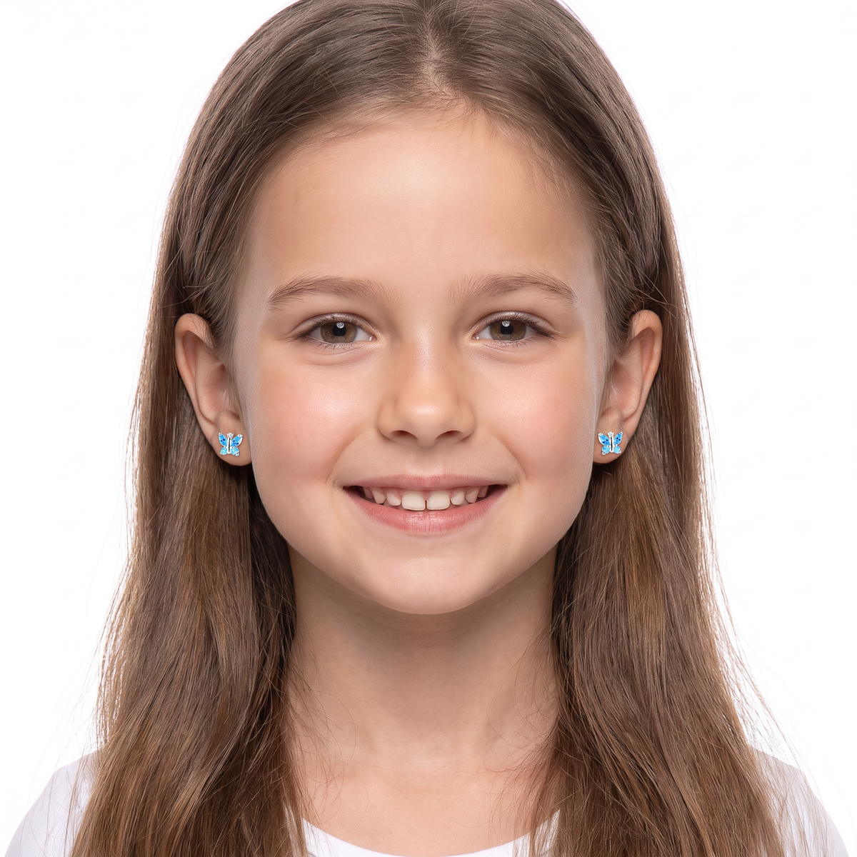 Sterling Silver Aquamarine CZ Butterfly Stud Earrings on young girl