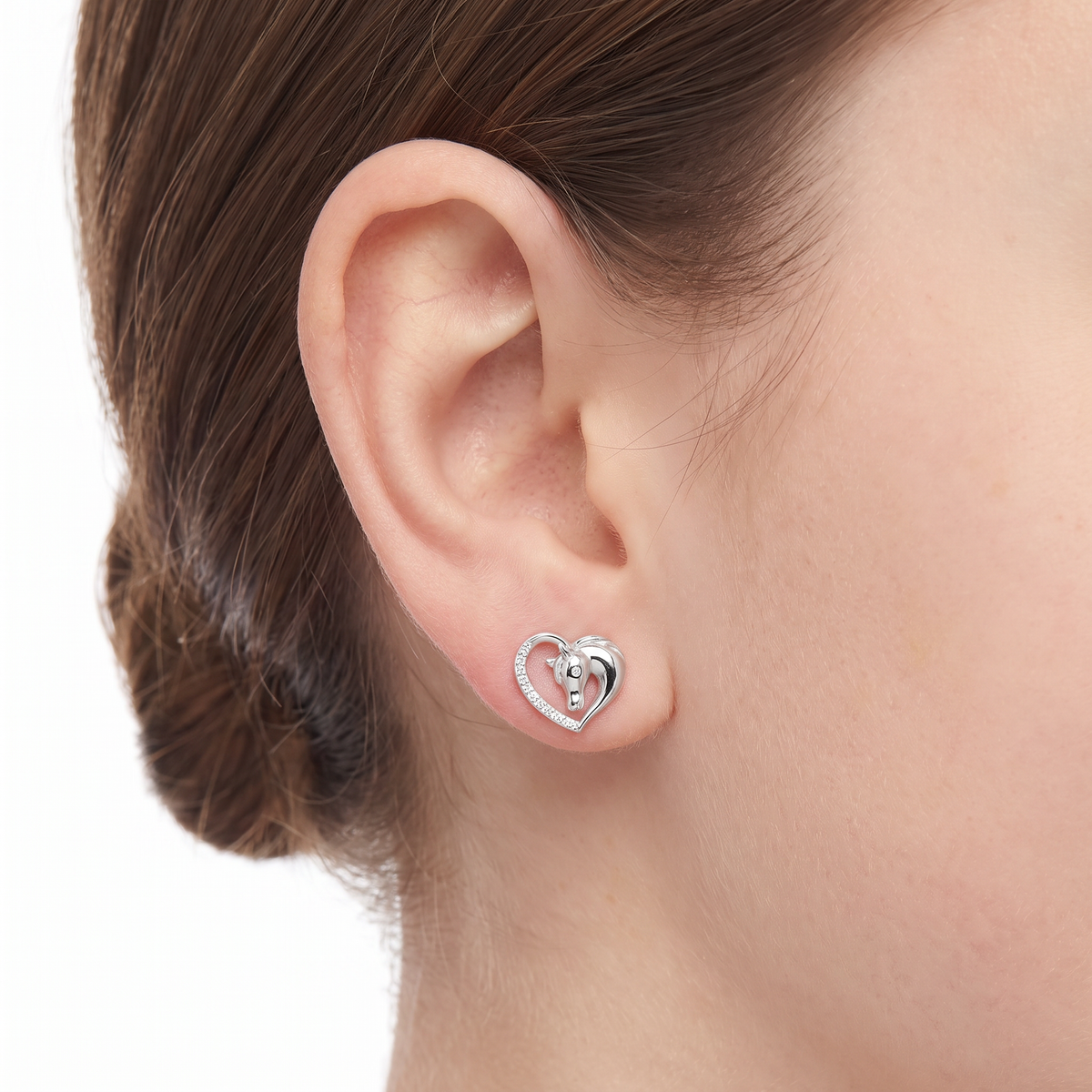 Close Up of 925 Sterling Silver CZ Horse Earrings with Heart