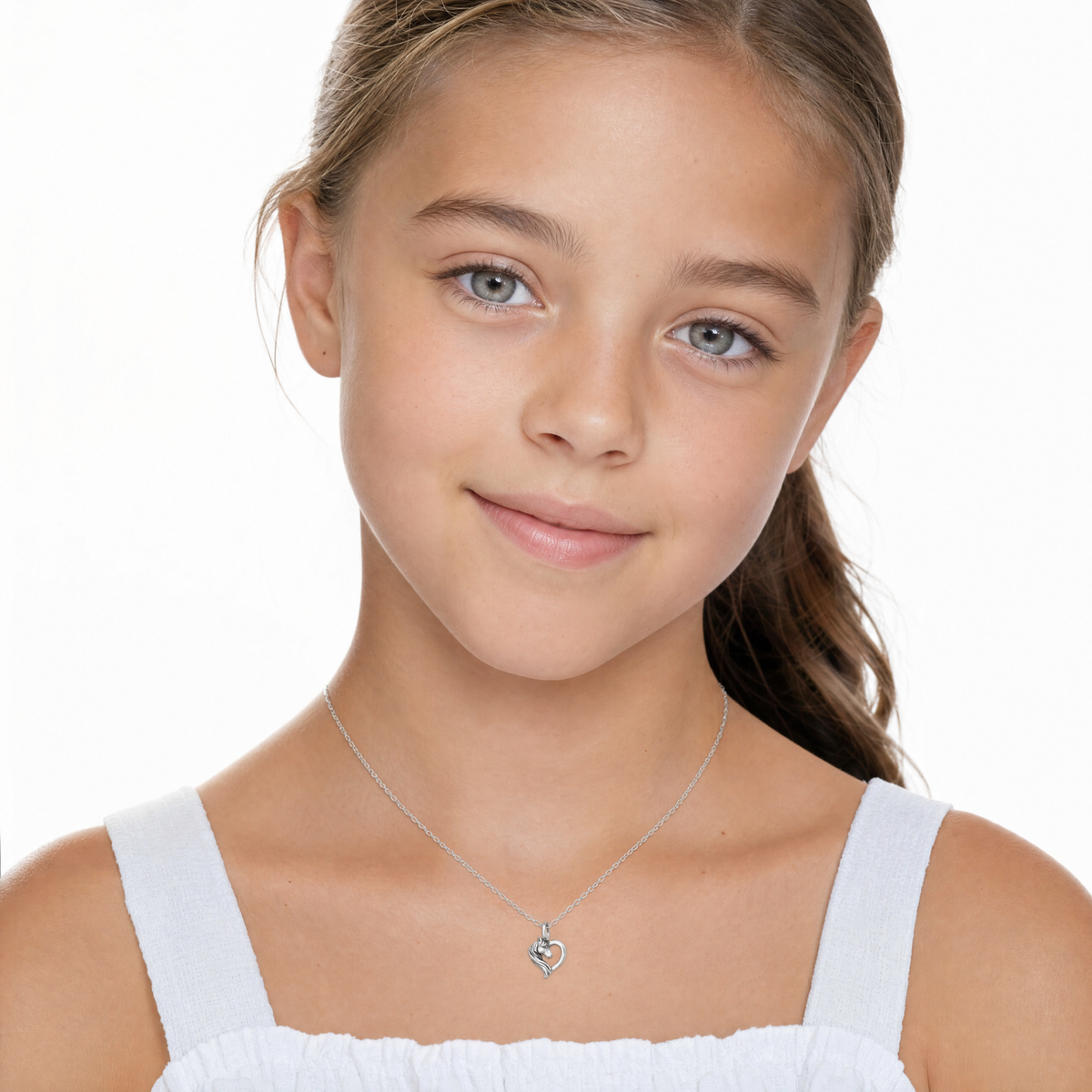 Girls Sterling Silver Horse Heart Necklace On Model