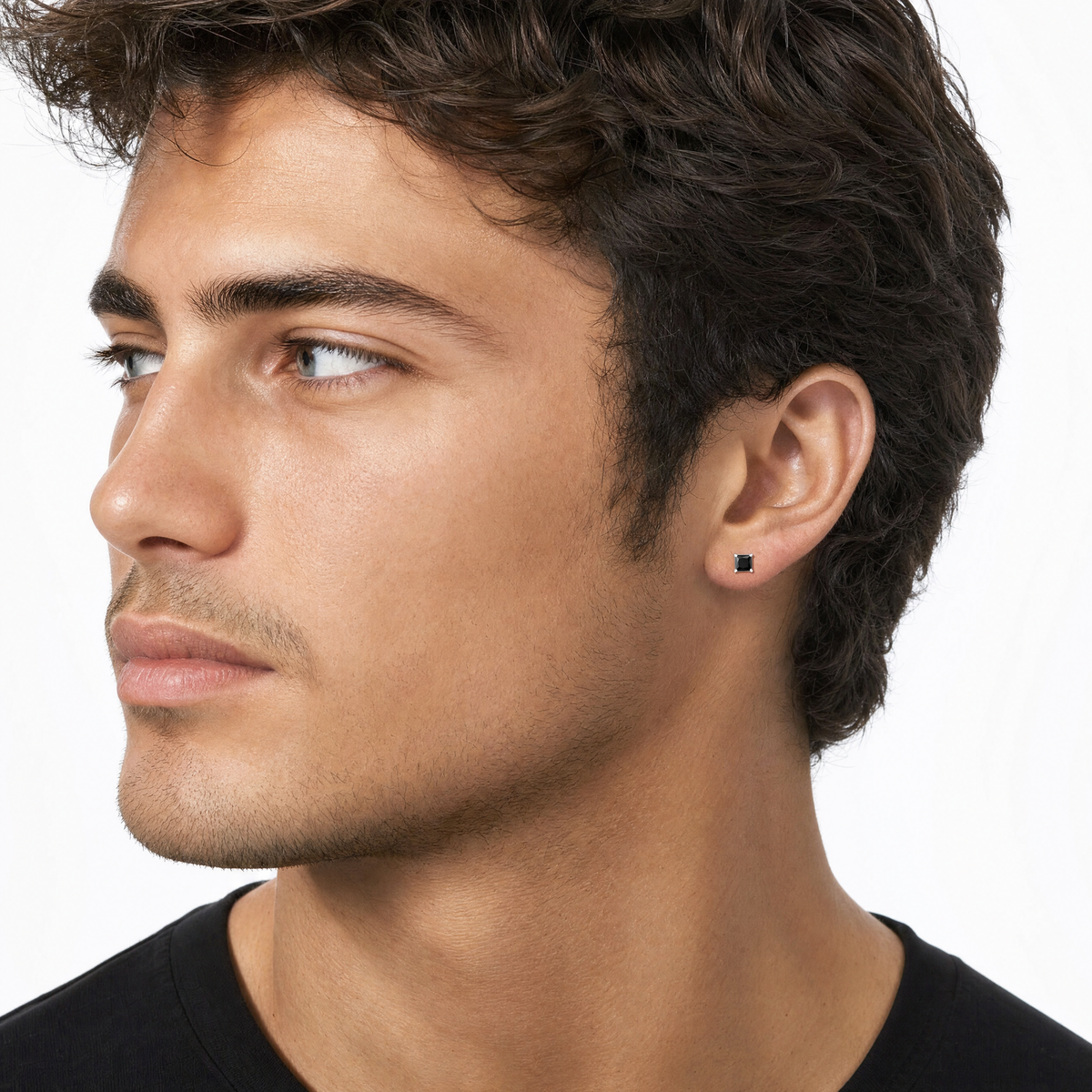 Sterling Silver 6mm Black Square Stud Earring For Men On Model