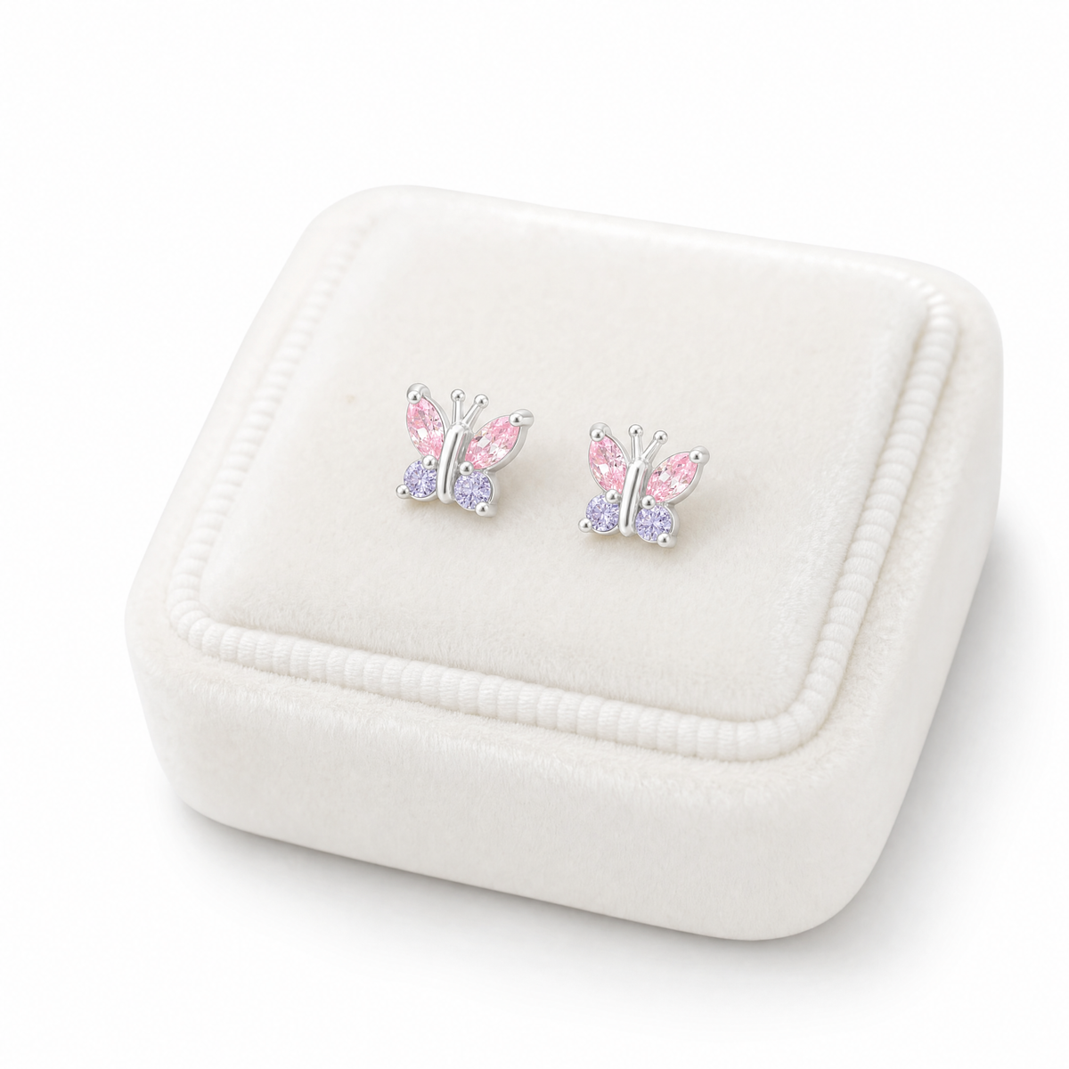 Sterling silver pink CZ butterfly earrings detail