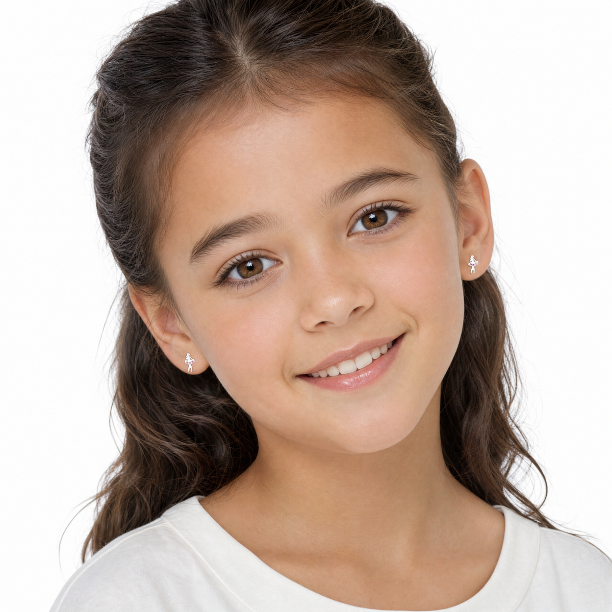 Girls Sterling Silver Ballerina Crystal Stud Earrings on a young girl