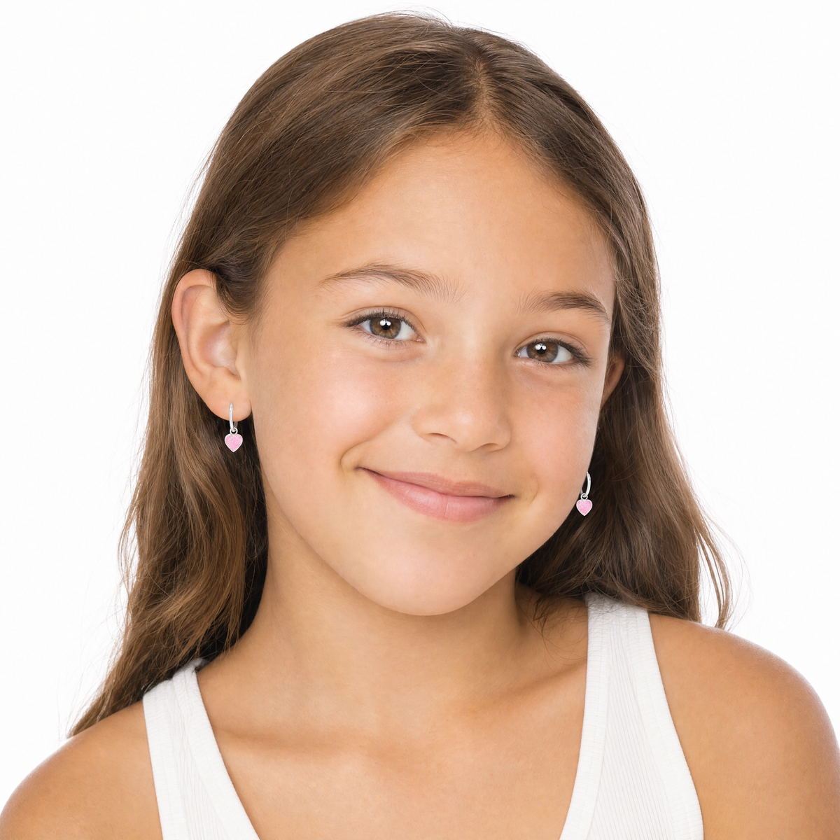 Sterling silver girls pink glitter heart charm hoop earrings on young gir