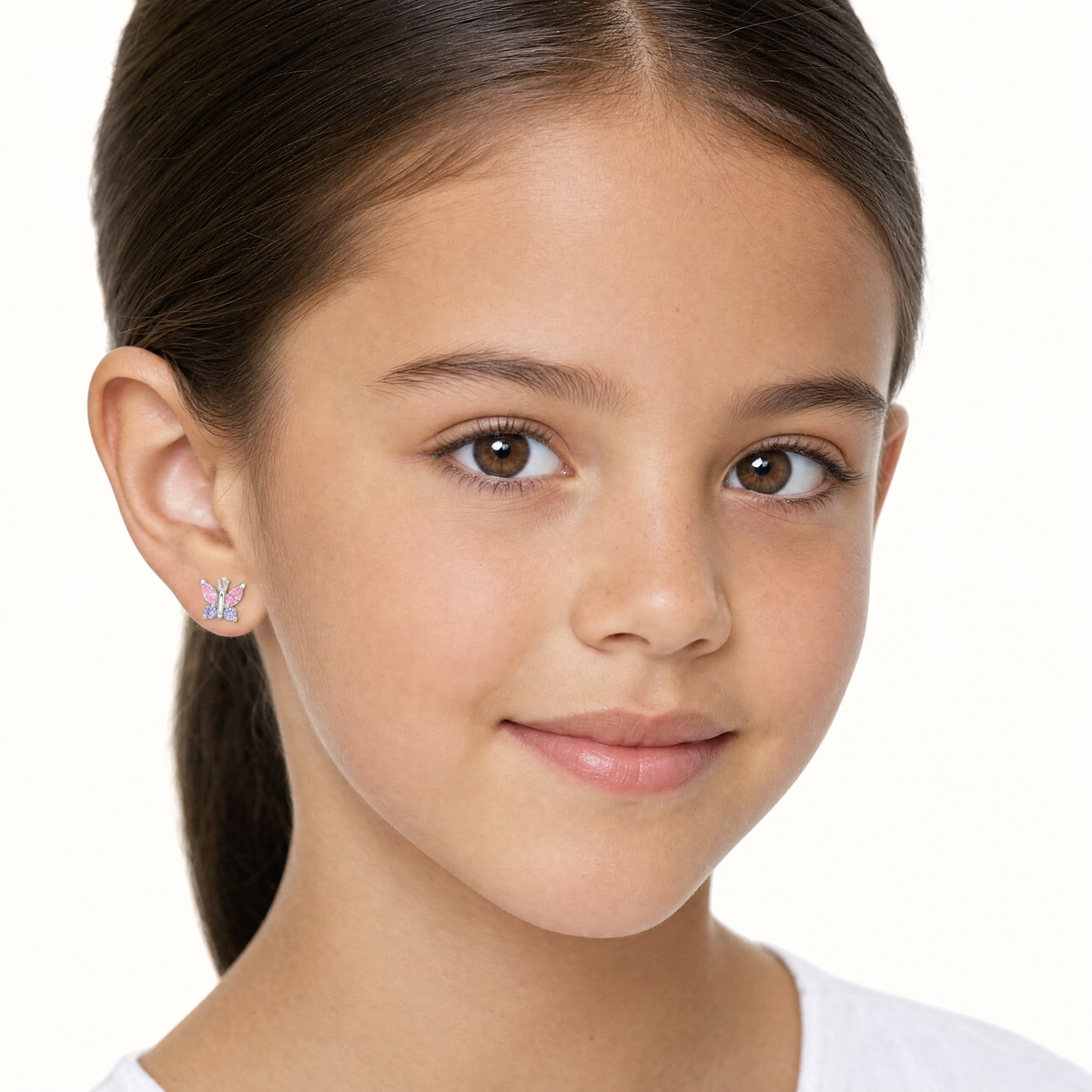 Sterling silver pink and purple CZ butterfly stud earrings close up