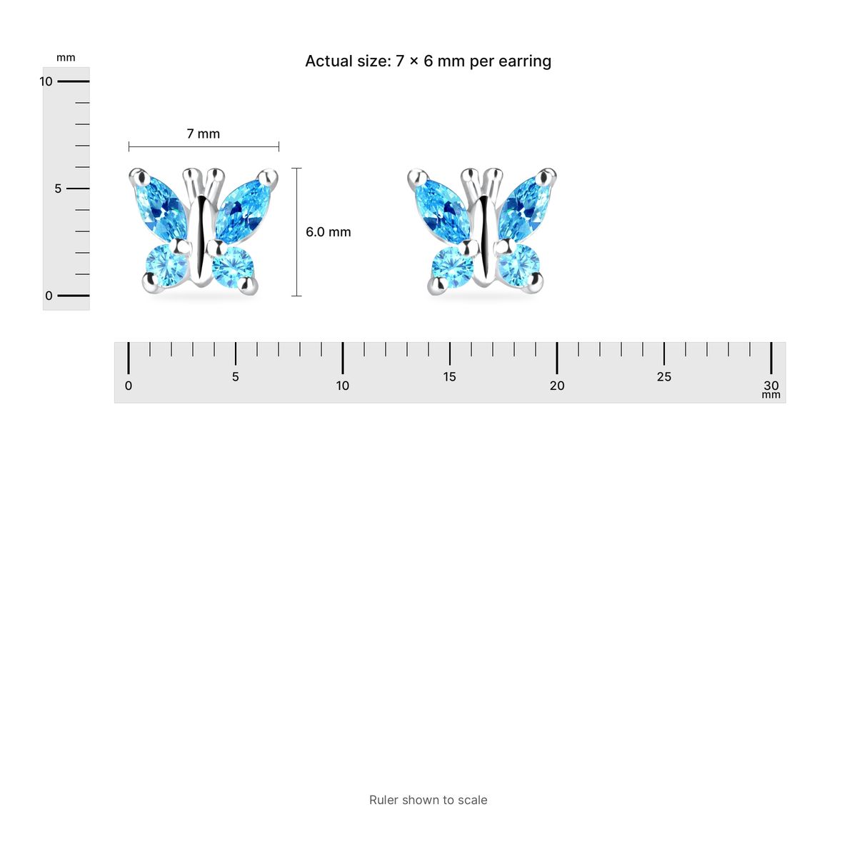 Sterling Silver Aquamarine CZ Butterfly Stud Earrings Showing Dimensions