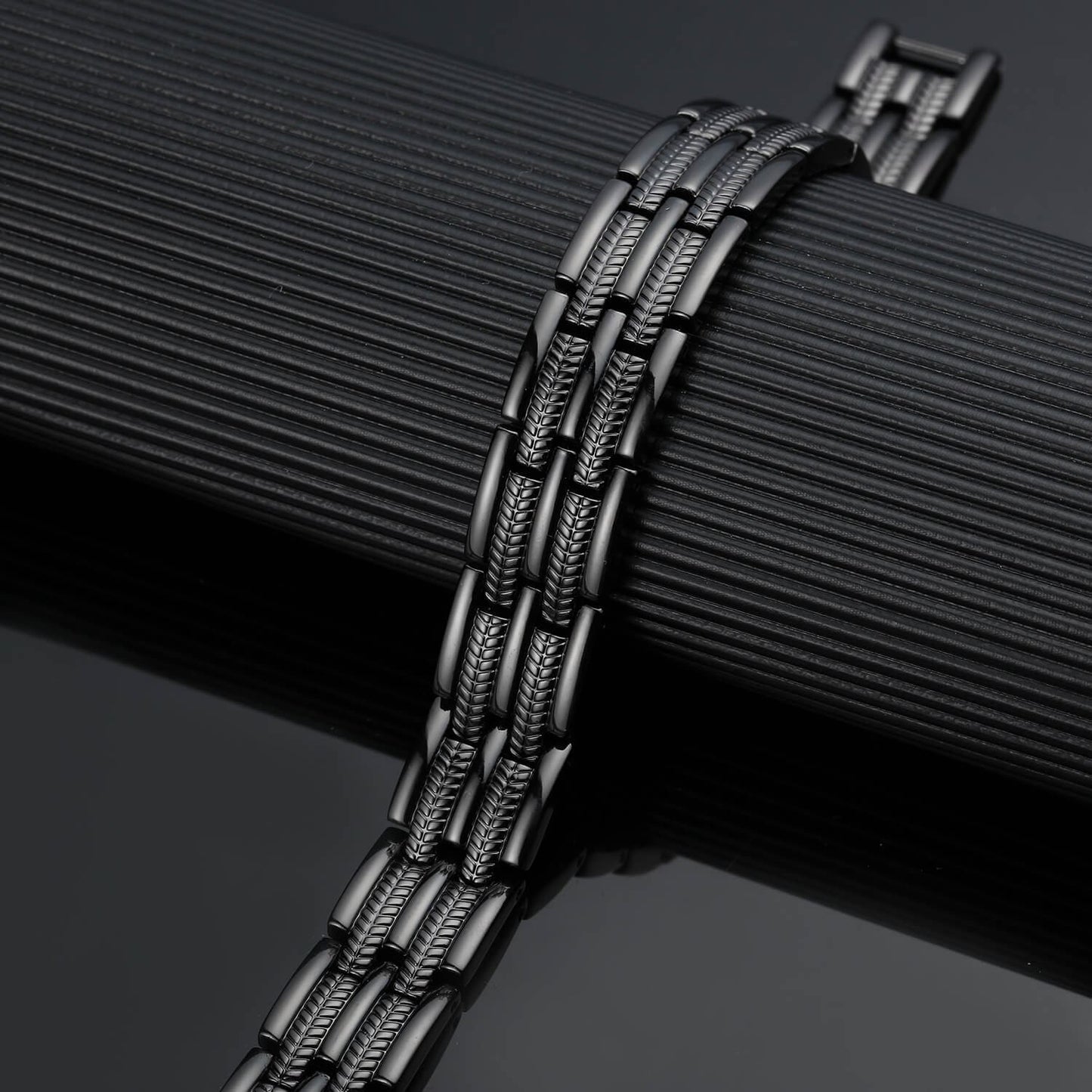 Melchior Jewellery black stainless steel link ultra strength magnetic bracelet for men with woven detail