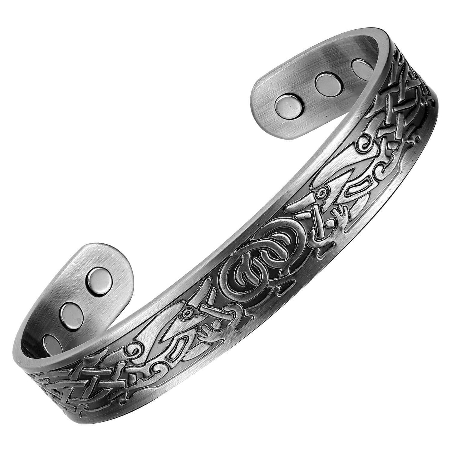 Viking Design Magnetic Silver Copper Bangle with intricate Norse detailing and pewter finish for energy balance and style.