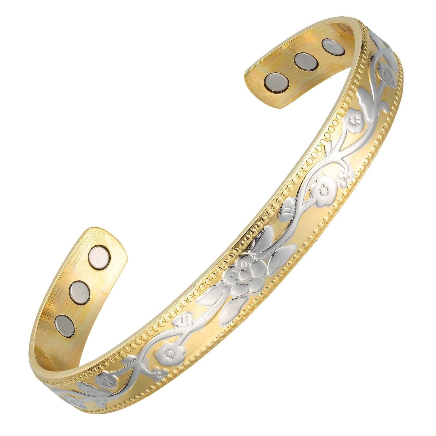 Floral 2 Tone Gold & Silver Magnetic Copper Therapy Bangle - Melchior Jewellery
