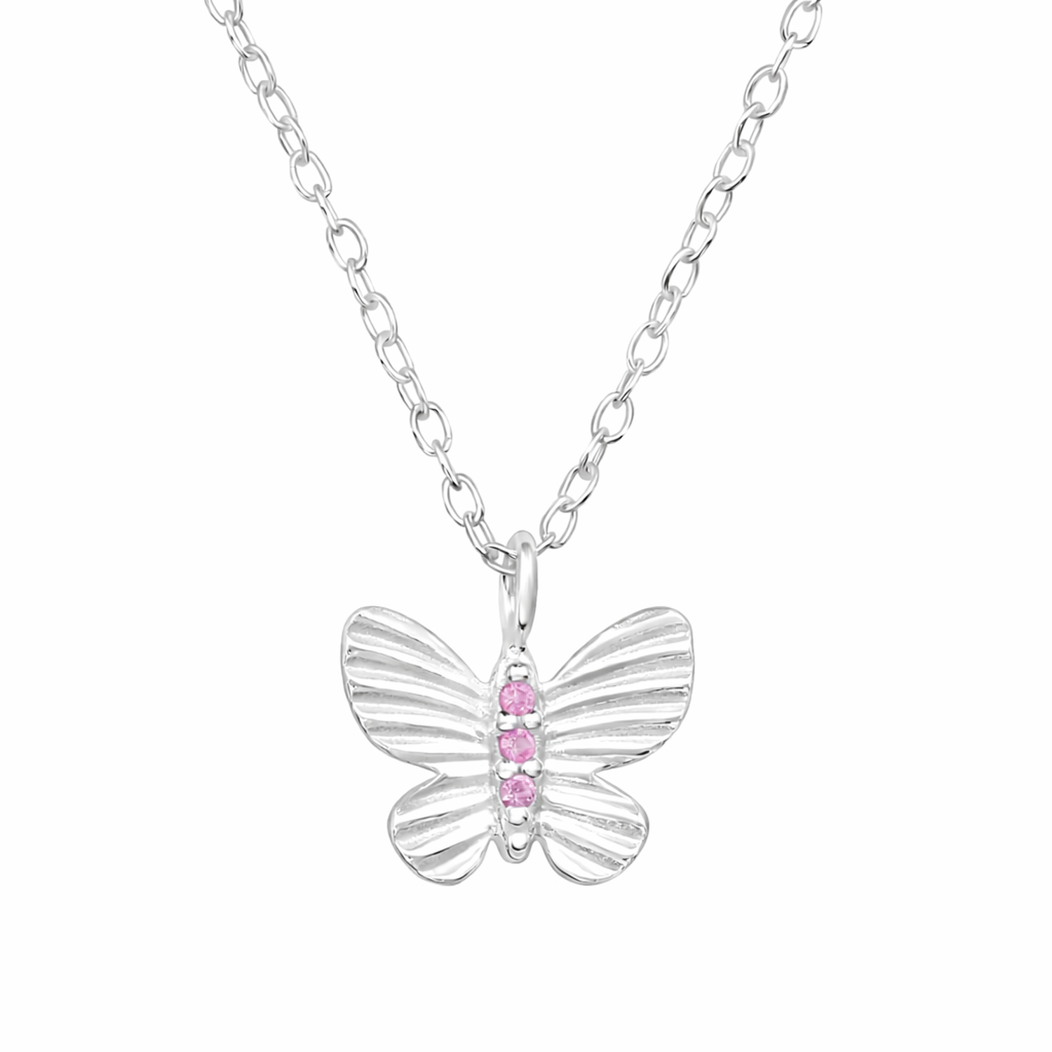 Girls Butterfly Necklace in Sterling Silver with Pink Stones - Melchior Jewellery