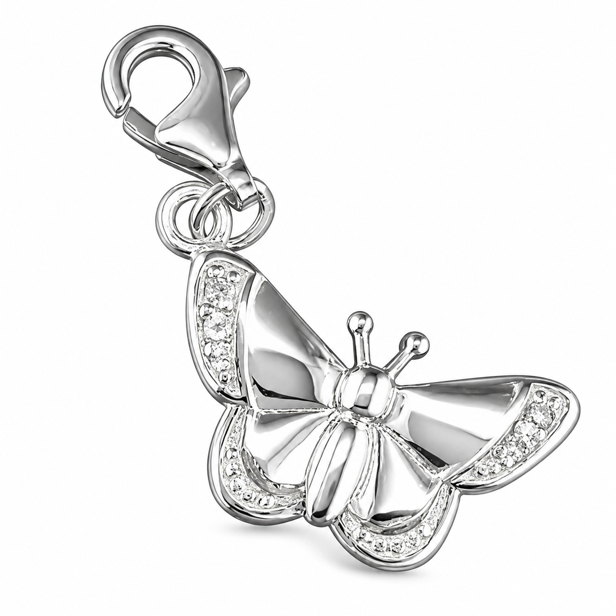 925 sterling silver cubic zirconia butterfly clip-on charm with lobster clasp by Melchior Jewellery