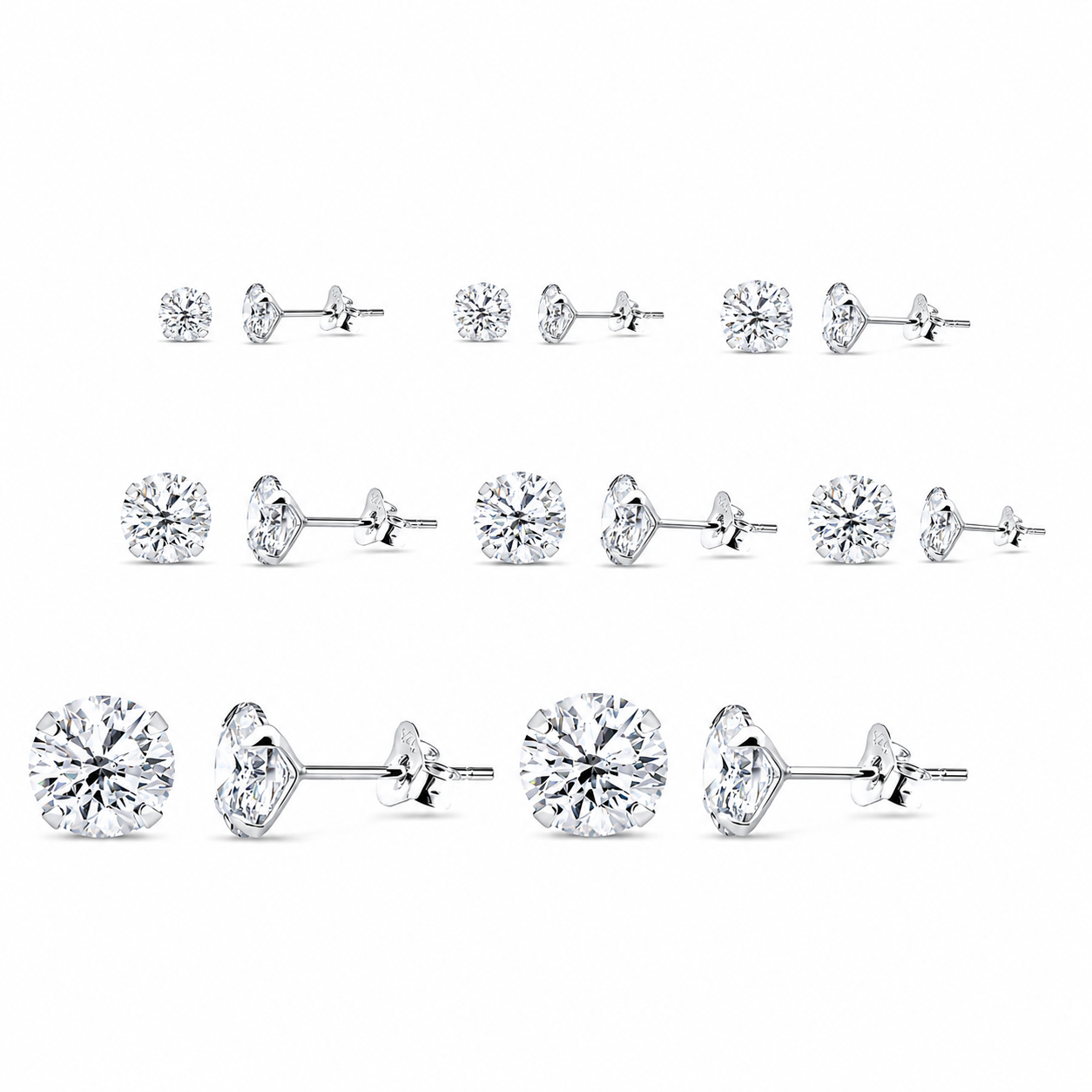 Melchior Jewellery sterling silver round cubic zirconia stud earrings shown in multiple sizes from small to large