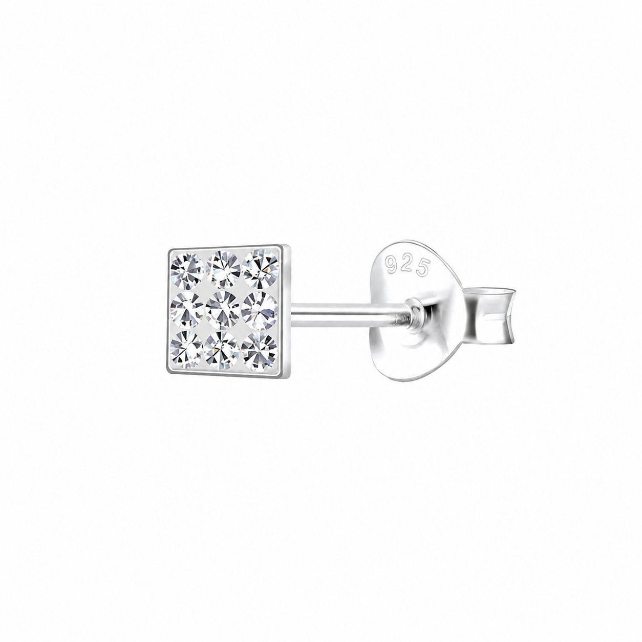 sterling silver mens 4mm square cubic zirconia stud earring with butterfly back, white background