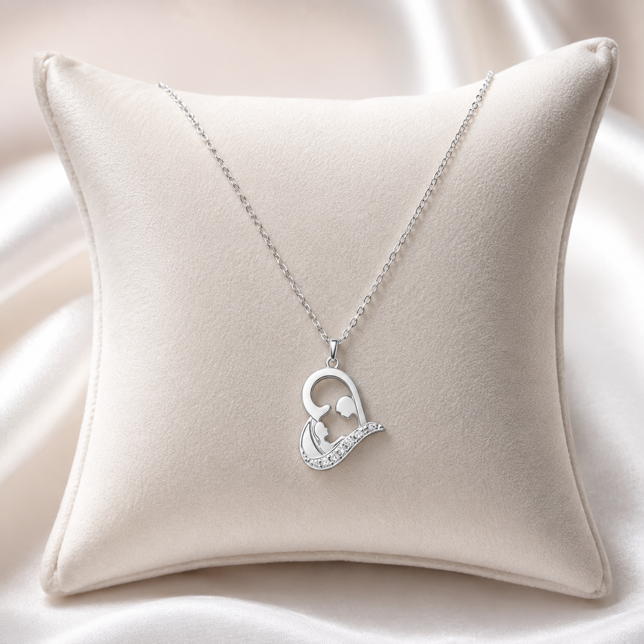 A silver pendant necklace with a mother-and-child silhouette design, displayed on a cream-colored satin pillow over a draped satin fabric background.