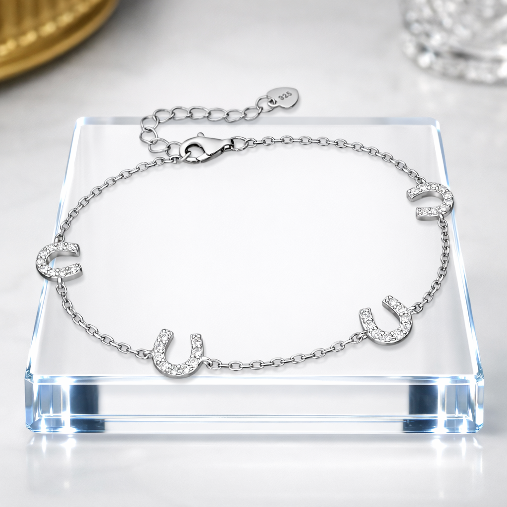 Sterling Silver Horseshoe Charm Bracelet with Sparkling Accents