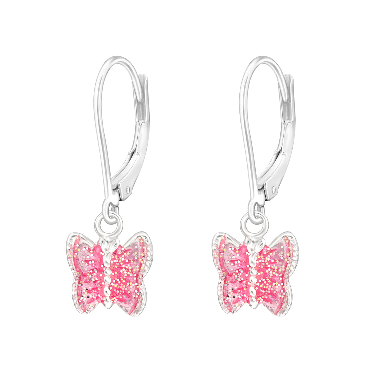Girls sterling silver sparkly butterfly leverback earrings