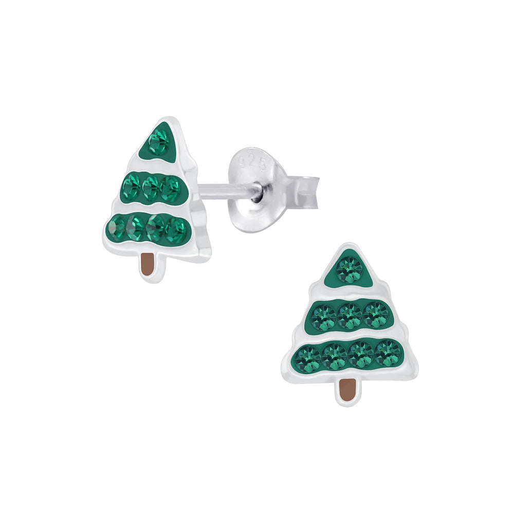 Kids Christmas tree stud earrings in sterling silver with green enamel and cubic zirconia