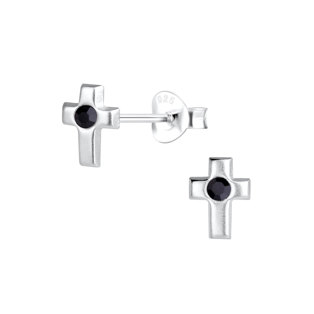 Sterling Silver Black CZ Cross Stud Girls Earrings - Melchior Jewellery