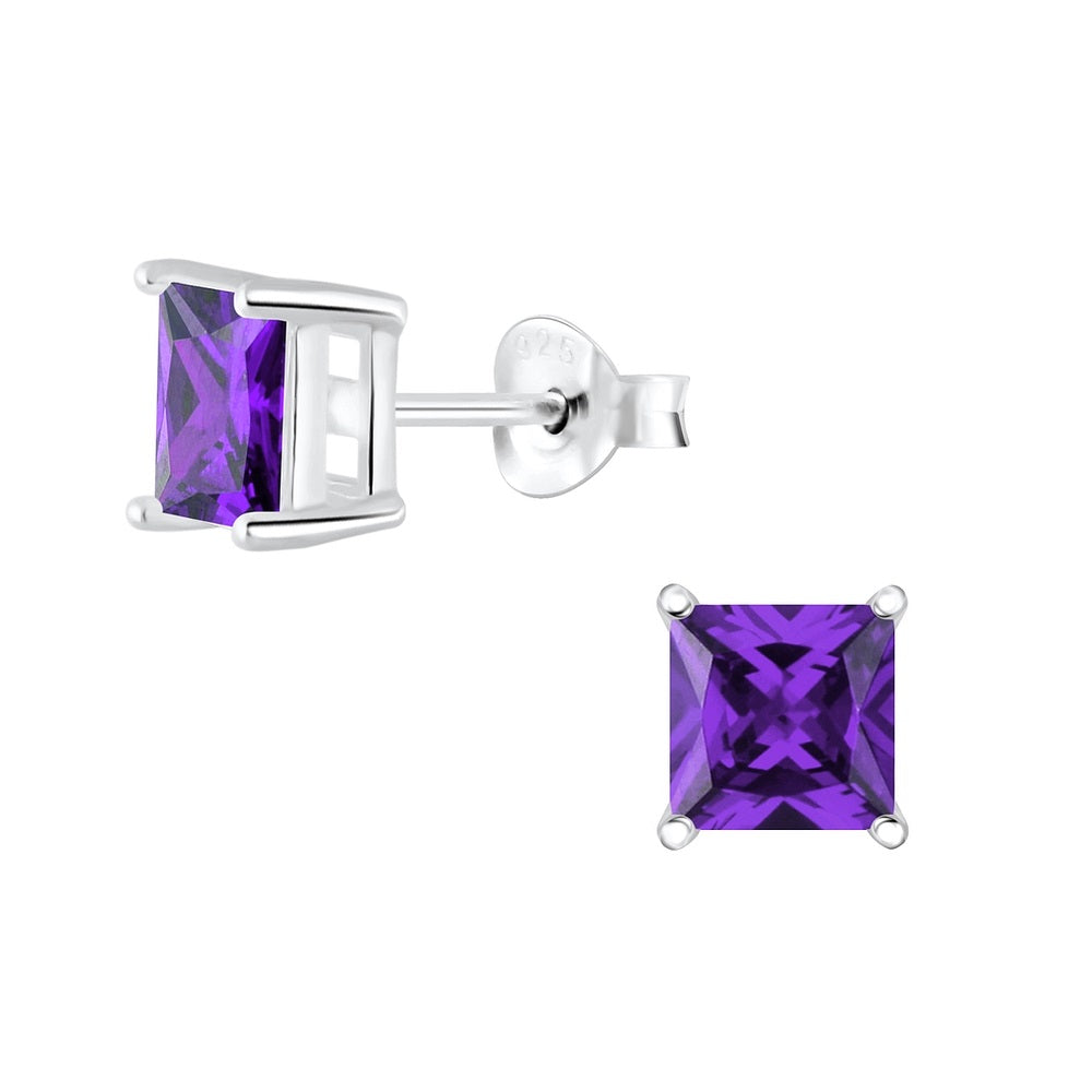 Sterling Silver Square 6mm CZ Stud Earrings - Choose Your Colour - Melchior Jewellery