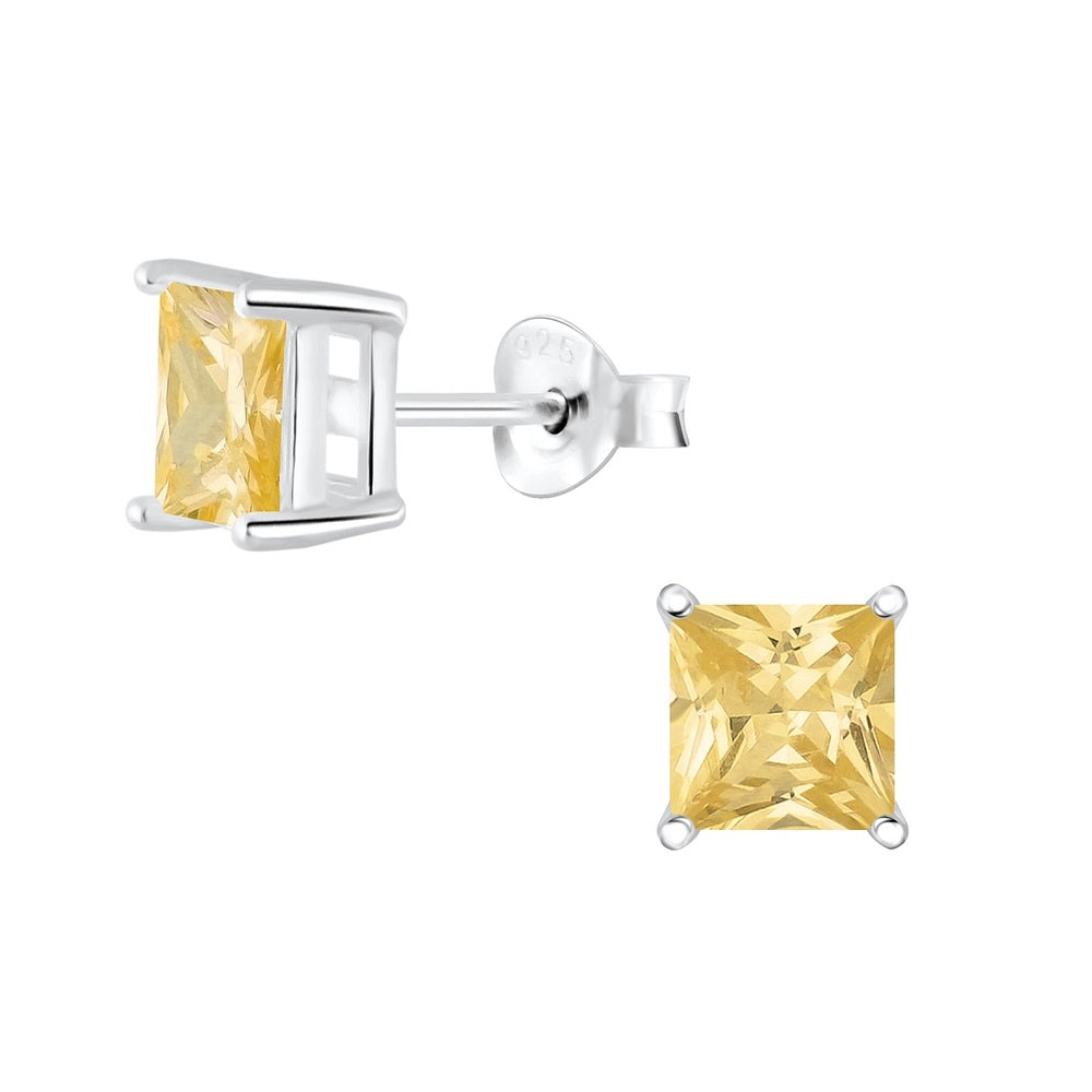 Sterling Silver Square 6mm CZ Stud Earrings - Choose Your Colour - Melchior Jewellery