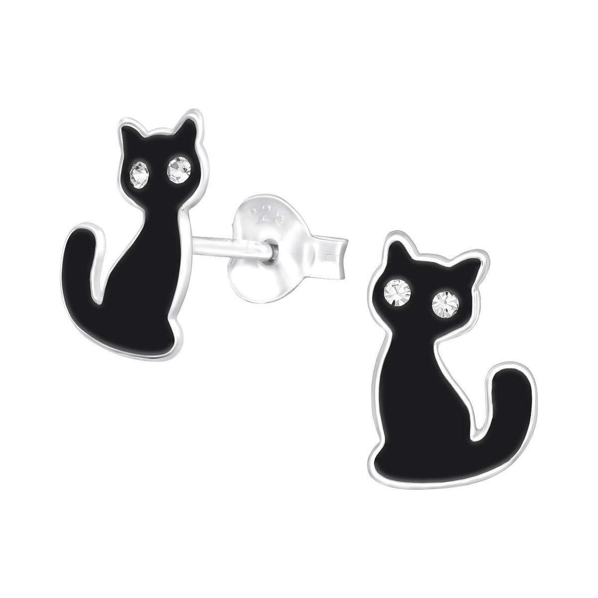 Girls sterling silver black crystal cat stud earrings
