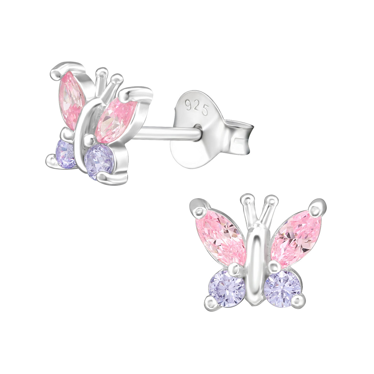 Girls sterling silver pink CZ butterfly stud earrings