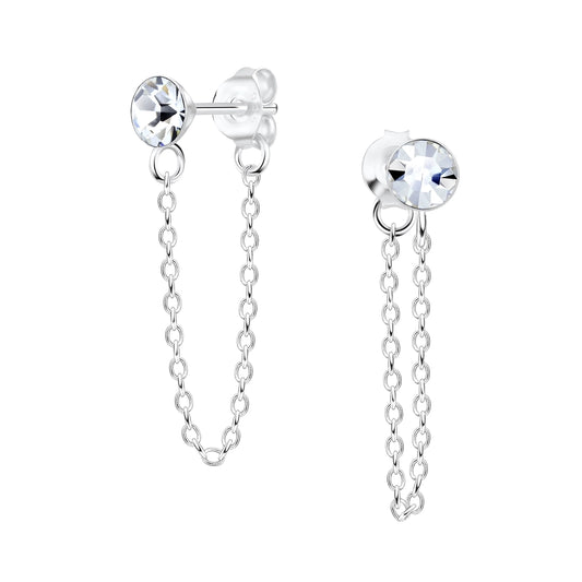 Sterling Silver Clear Crystal Chain Stud Earrings - Melchior Jewellery