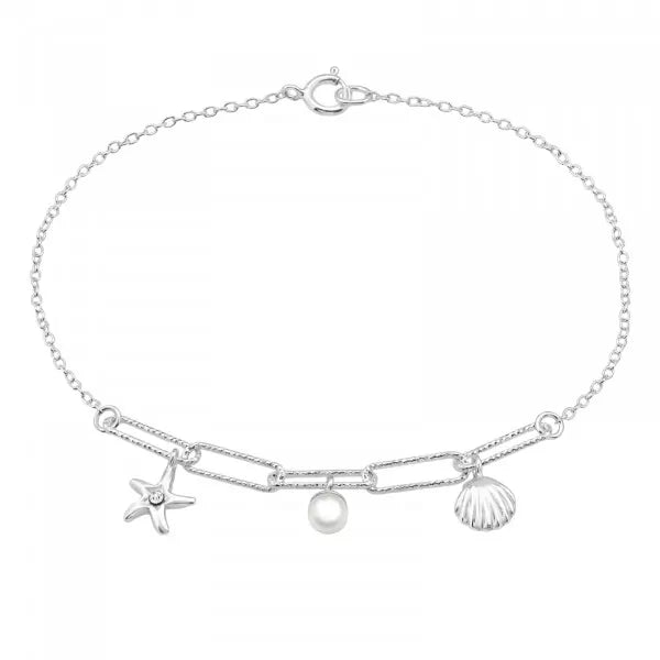 925 sterling silver shell and starfish bracelet with pearl and crystal details