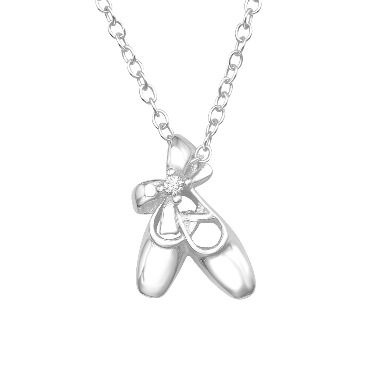 Girls 925 sterling silver ballet shoes charm necklace with sparkling cubic zirconia stones and bow details