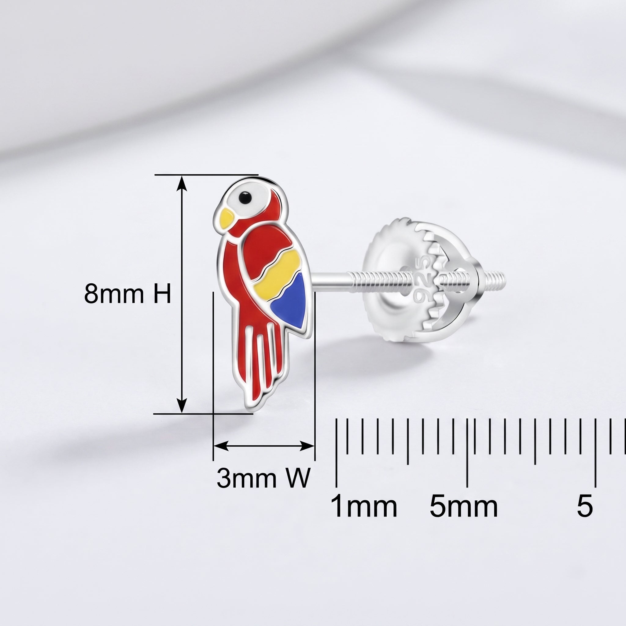 Girls parrot earrings in 925 sterling silver with vibrant enamel colours, nickel-free and hypoallergenic