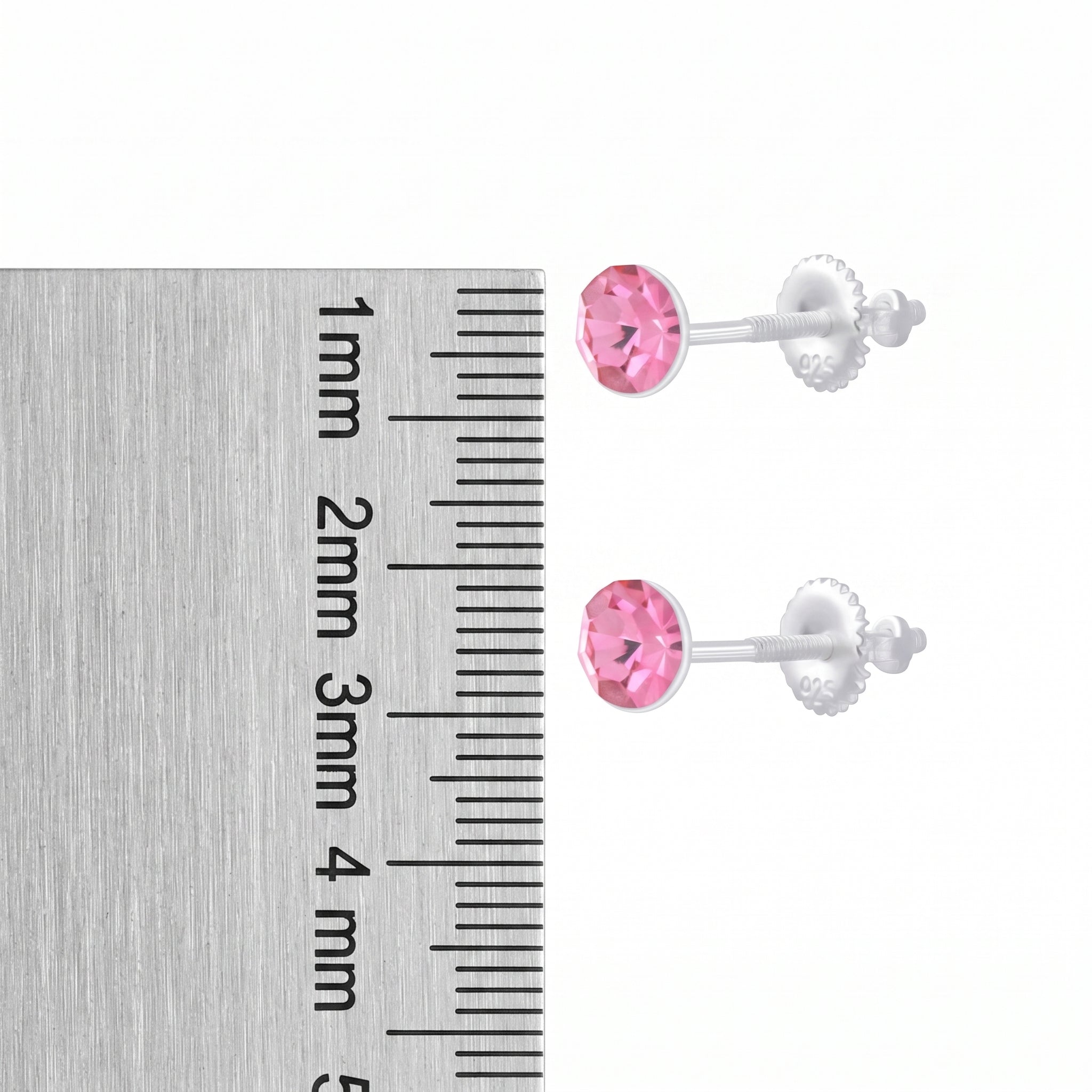 Sterling Silver Girls 4mm Pink Crystal Screw Back Earrings with Ruler