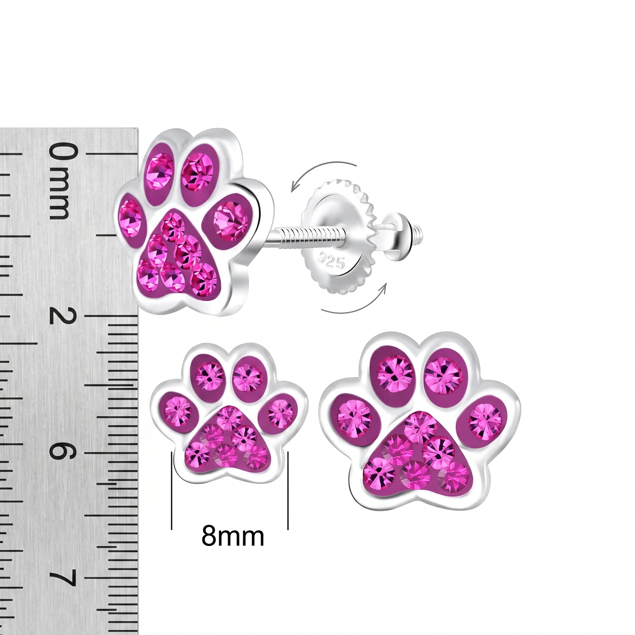 sterling silver fuchsia paw screw back earrings for children, vibrant pink crystal design