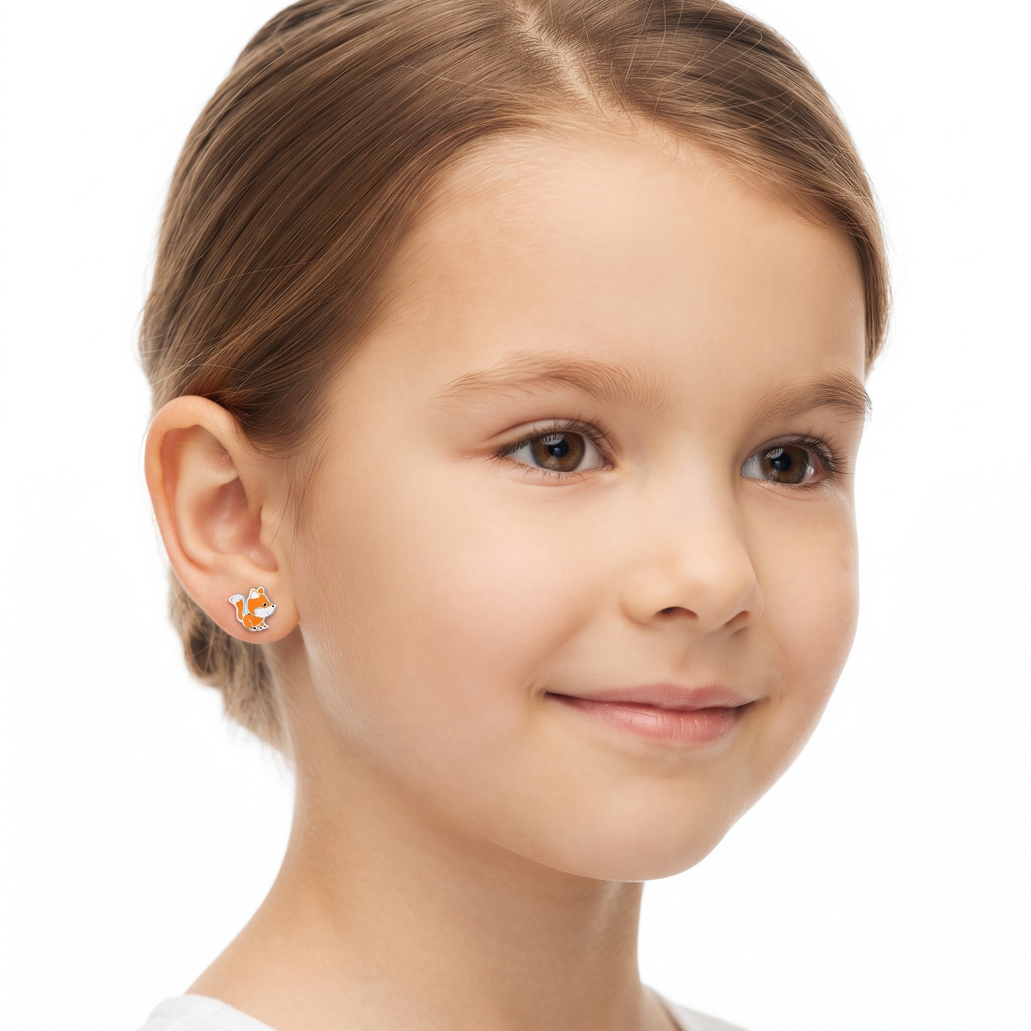 Sterling silver kids fox stud earrings with orange enamel fox design and secure screw back fitting
