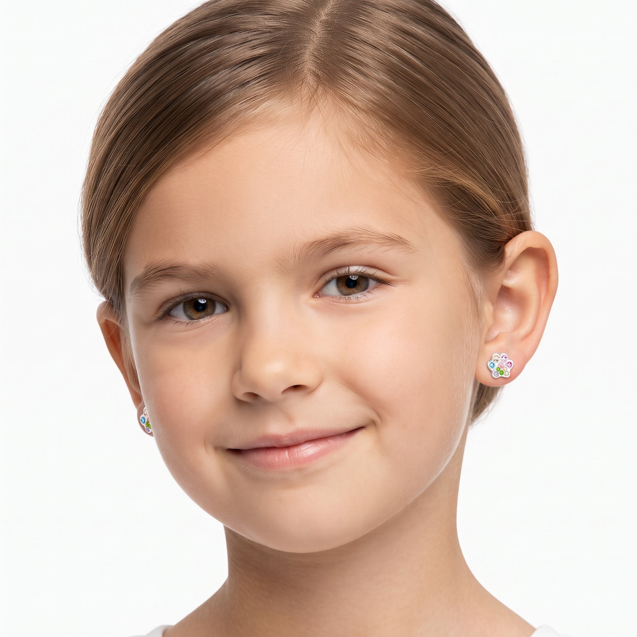 Girl Wearing Sterling Silver Rainbow Paw Screw Back Earrings