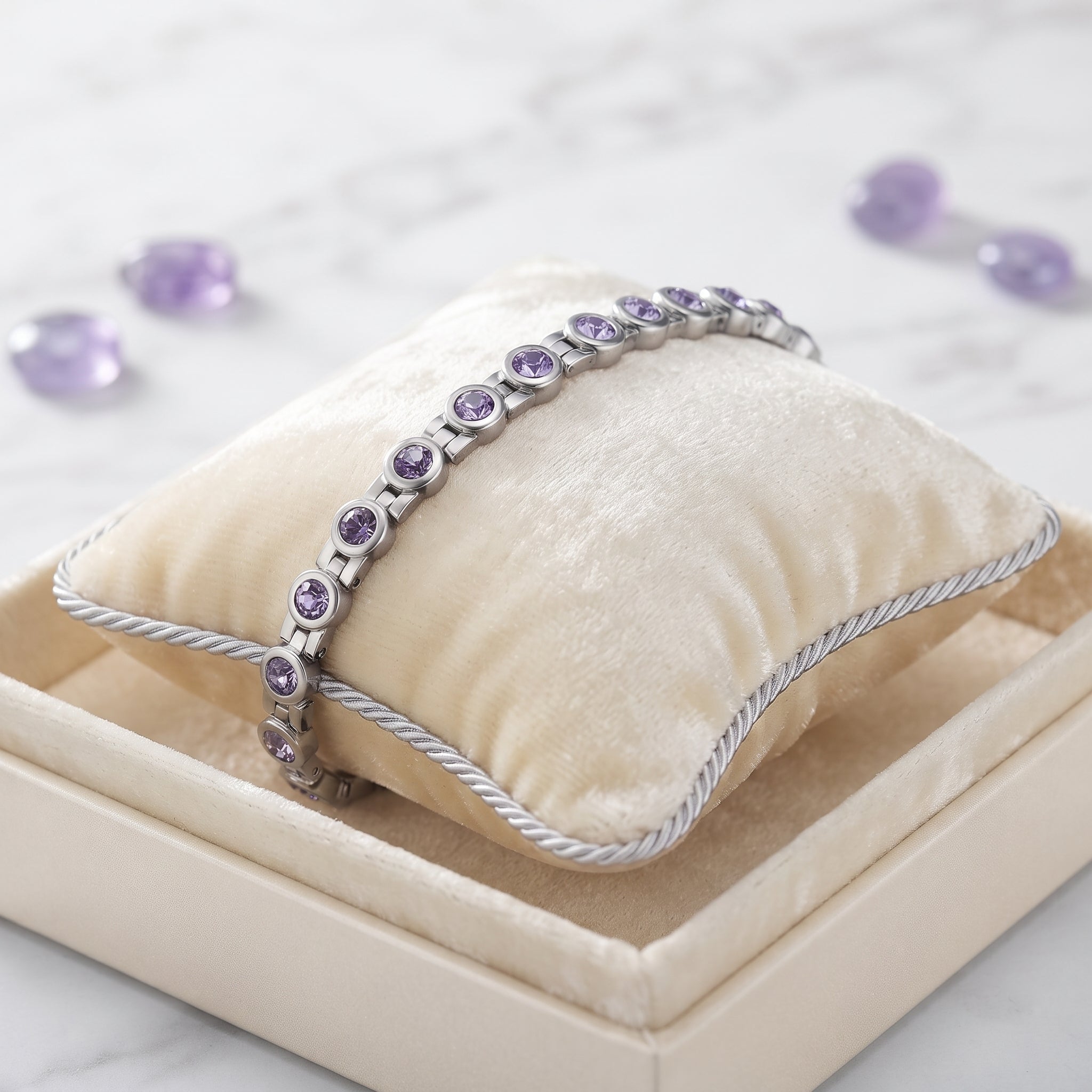 Ladies amethyst crystal magnetic bracelet close up